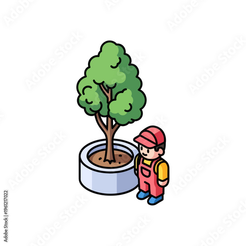 Isometric illustration of a gardener standing next to a potted tree, showcasing gardening and plant care.