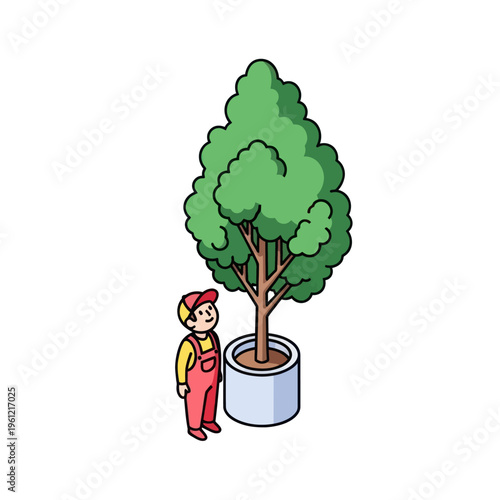 Isometric illustration of a gardener standing next to a potted tree.