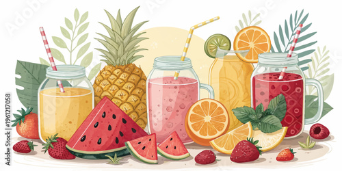 Assortment of fresh fruit juices and whole fruits like pineapple, watermelon, strawberries, and oranges, presented in mason jars and glasses with tropical leaves