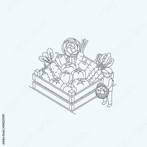 Isometric line art illustration of a person harvesting fresh vegetables into a large wooden crate.