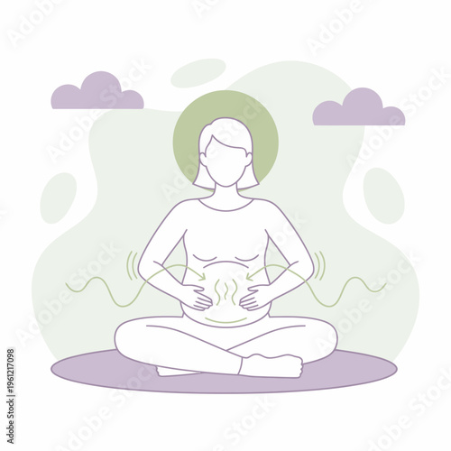 Pregnant woman meditating in lotus pose with hands on belly.