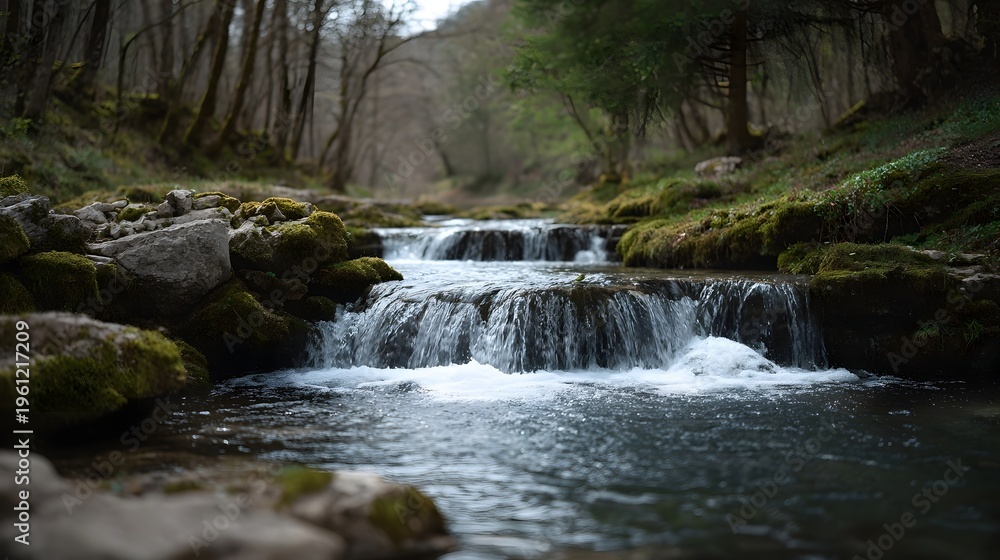 Obraz premium Cascading waterfall in a lush forested environment
