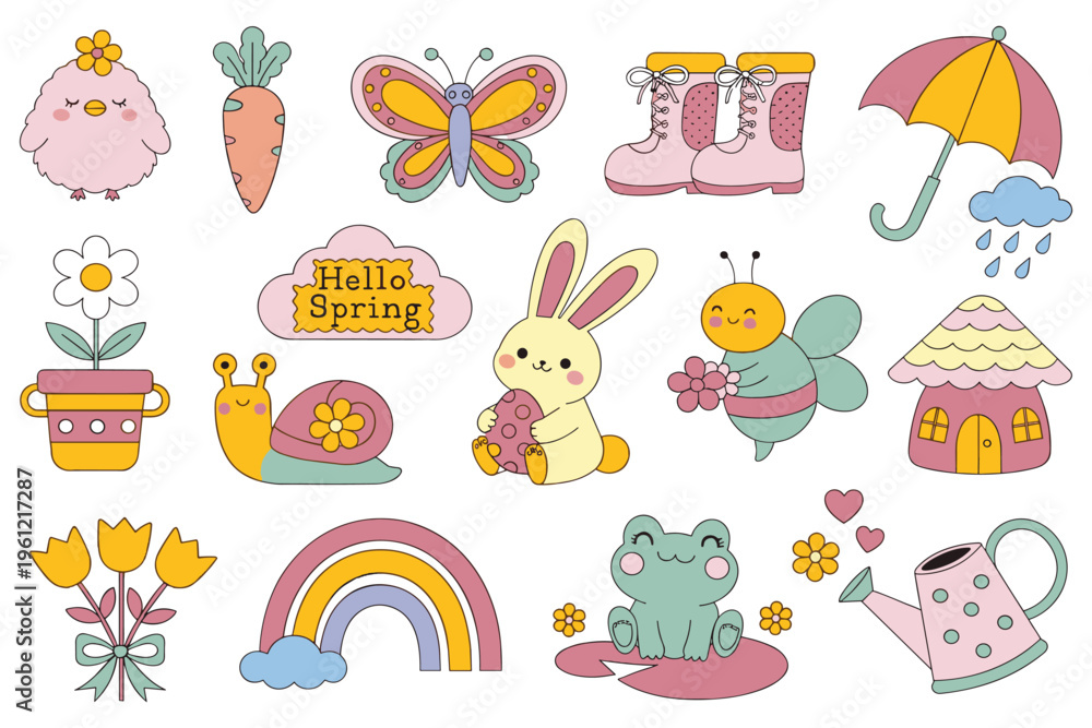 Fototapeta premium Spring collection with cute chick bunny snail bee and floral elements for seasonal design.