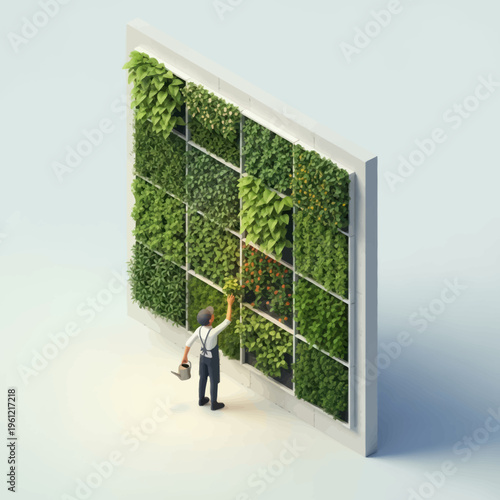 Man tending to a lush vertical garden, cultivating green plants on a wall.