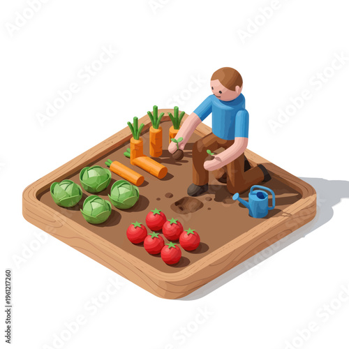 Man tending to a raised garden bed with various vegetables.