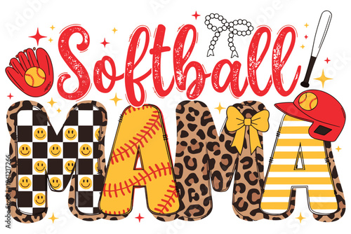Softball mama typography design with leopard print and checkerboard patterns for athletes.