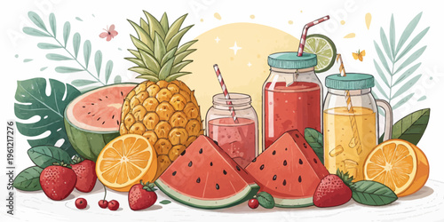 Assortment of tropical fruits and refreshing juices in mason jars and glasses, garnished with mint and surrounded by lush green leaves and subtle sunny background