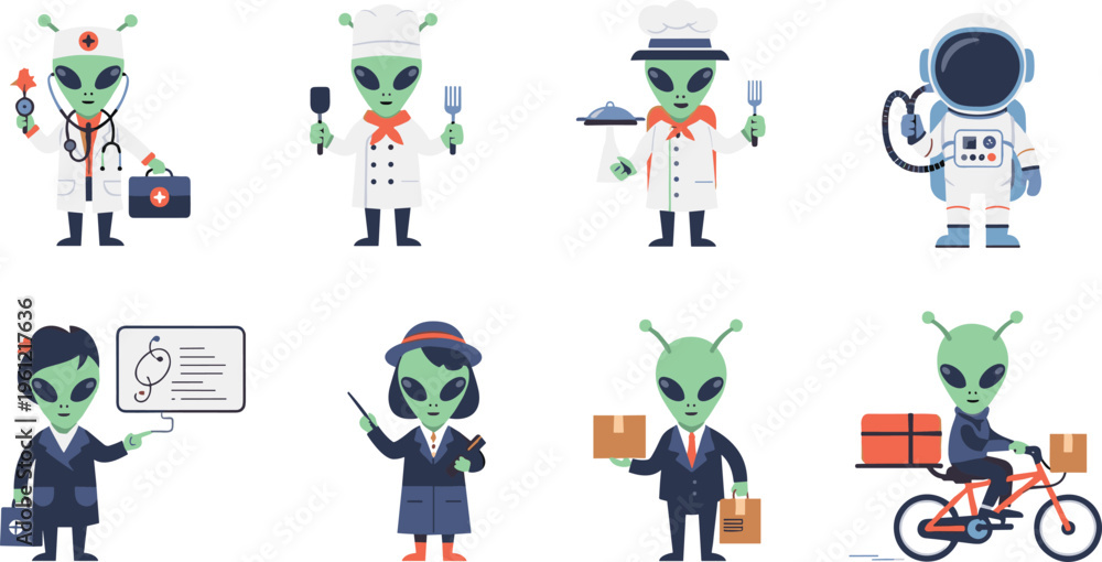 Fototapeta premium Cute Alien Professions Vector Set with Doctor, Chef, Teacher, Astronaut, Businessman and Delivery Worker Cartoon Characters Collection