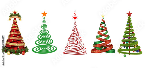 Christmas trees with different ornaments and decorations