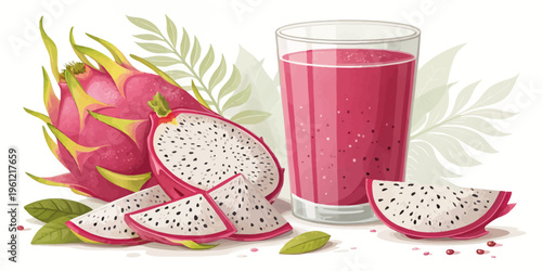 Pink pitaya smoothie in a clear glass, surrounded by sliced and whole dragon fruit, with decorative green leaves and scattered berries, embodying a healthy summer drink
