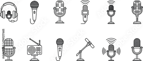Microphone and audio equipment icons, sound recording tools, podcast studio design, broadcasting communication concept, music voice technology, flat vector illustration