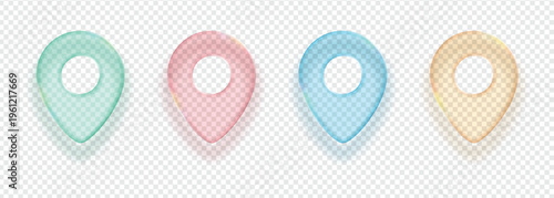 Glassmorphism map pin set with colorful translucent pointers futuristic navigation UI elements for mobile apps and web design