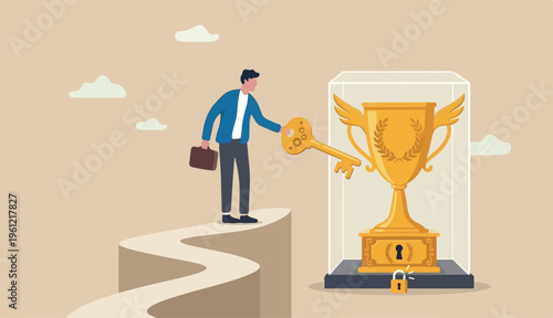 Unlock key to success, solution achieve winning opportunity, chance challenge, ambition motivation succeed in life, hard work, businessman key success too unlock winning trophy