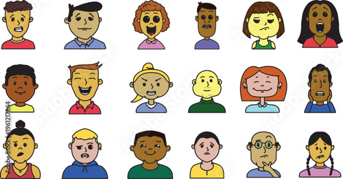 Set of diverse cartoon character faces with various emotions in flat color style. Multicultural people avatars with different facial expressions vector illustration. A comprehensive collection of 18 d