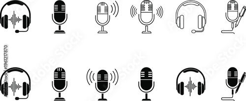 Microphone and headset icon collection, audio recording tools, podcast studio design, broadcasting communication concept, music sound technology, flat vector illustration