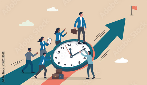 Time management, effort efficiency boost productivity into finish project teamwork planning, multitasking finish work within to deadline concept, business people riding clock up rising arrow