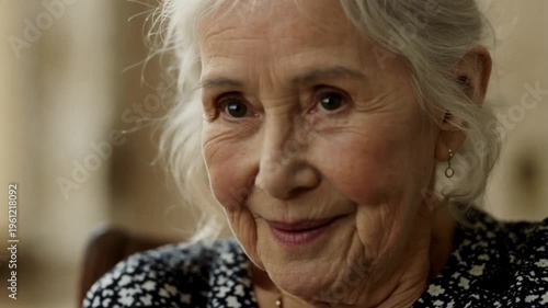 Close-up of elderly woman looking concerned or surprised indoors with blurred background