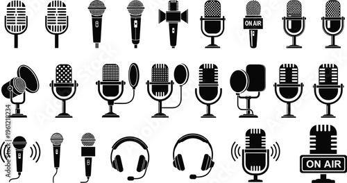 Microphone and headset icon set, audio recording tools, podcast studio design, broadcasting communication concept, music sound technology, flat vector illustration