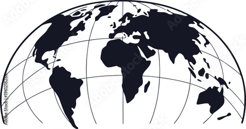 Black curved map silhouette on white background with grid lines globe