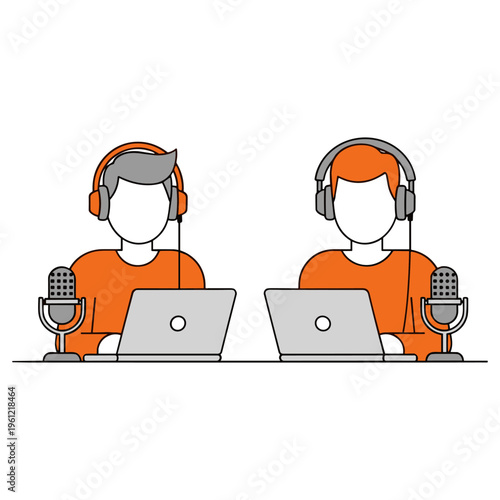 Two male podcasters with headphones and microphones record podcast on laptops