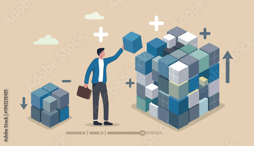 Scalable business model, flexibility to adapt or expand business growth with cost efficiency concept, businessman expand in to scale down to cube box metaphor scalability