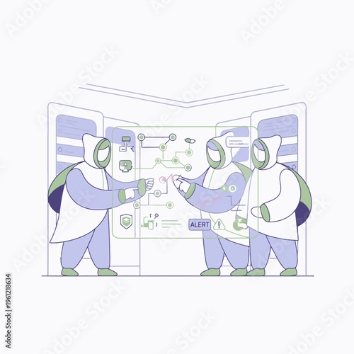 Three scientists in hazmat suits interacting with a futuristic holographic display.