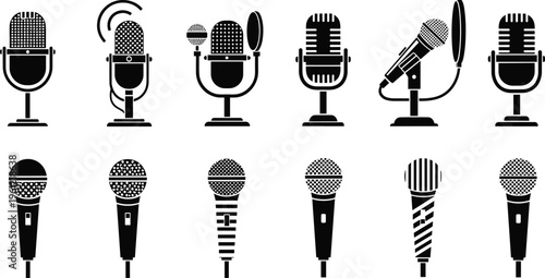 Microphone icon collection, audio recording tools, podcast equipment design, broadcasting communication concept, music sound technology elements, flat vector illustration