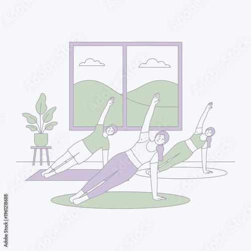 Three women performing side plank exercise together.