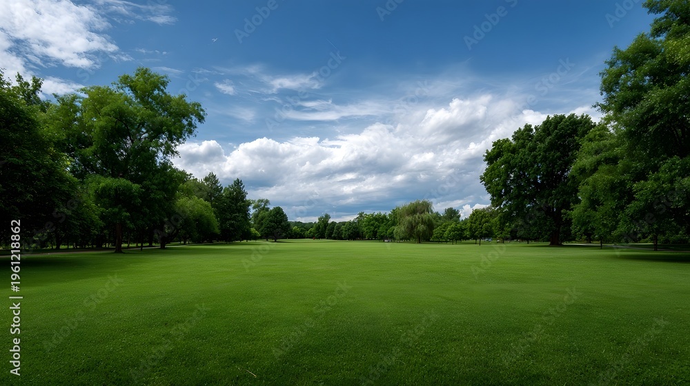 Fototapeta premium A panoramic view of a lush green park lawn with mature trees under a blue sky with white clouds