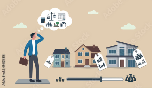 House or is for the of mortgage affordability calculation, picking new home base on budget, income or lifestyle concept, businessman hand wisely think to picking different variant houses with price