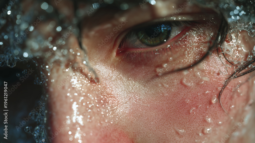 Fototapeta premium Nonbinary person with water droplets at sunset, ultra-realistic art