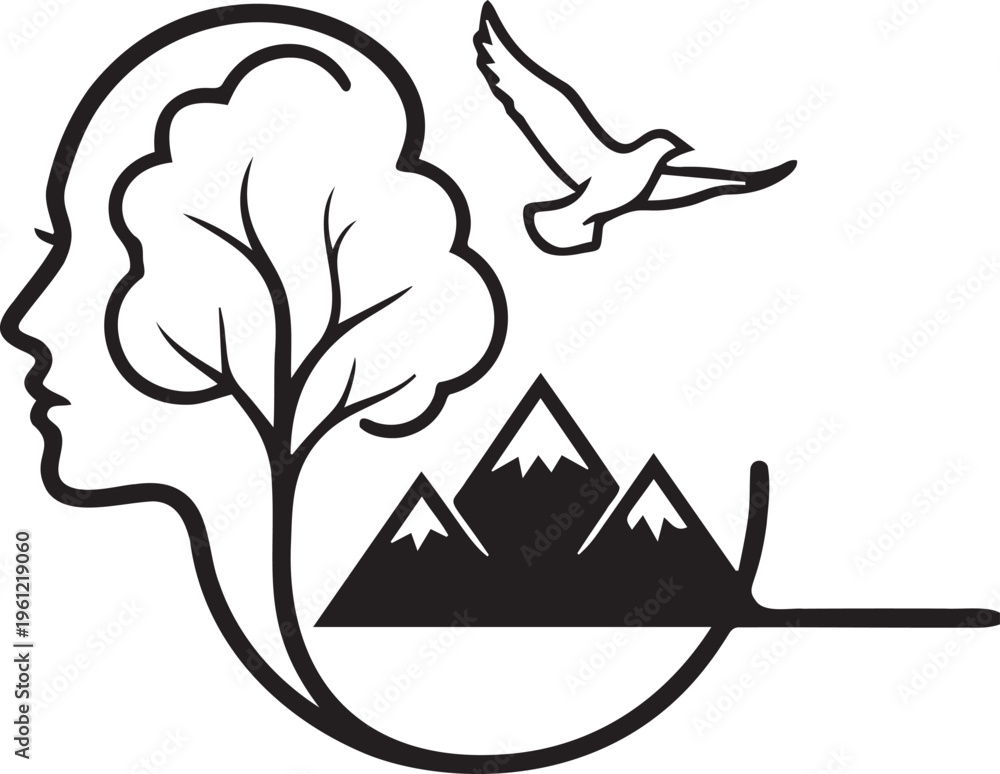 Fototapeta premium Human head profile with tree mountains and bird in nature.