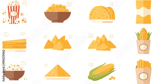 Flat Snack Food Icons Vector Set with Popcorn, Chips, Nachos, Tacos, Corn and Crispy Fast Food Illustration Collection