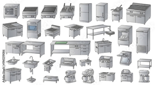 Commercial Kitchen Equipment, Restaurant Appliances, Stainless Steel, Catering Tools, Cooking Equipment Vector Set for Professional Food Service Illustration