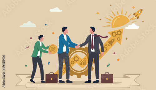 Merger and acquisition, company join force partnership working together new opportunity successful concept, businessmen merging together to celebrating ambitious for bright future