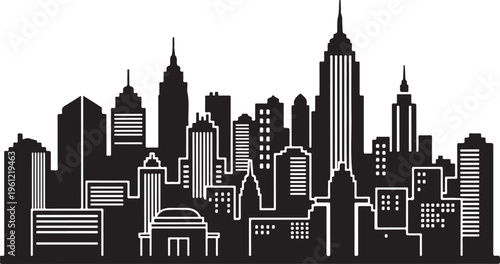 Black and White City Skyline with Tall Buildings Silhouette