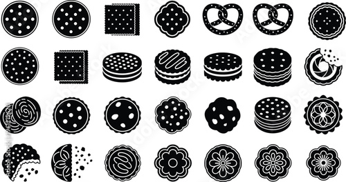 Large set of black icons featuring art supplies like paint brushes and palettes alongside mushrooms and  cookies and biscuits on white background