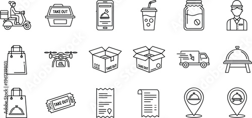 Food delivery and takeout icons set with courier, package, drone delivery, restaurant service and online order symbols isolated on white background for logistics and delivery concepts