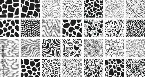 Large set of twenty eight abstract hand drawn seamless patterns featuring black spots organic lines hearts flowers and minimalist textures on a white background