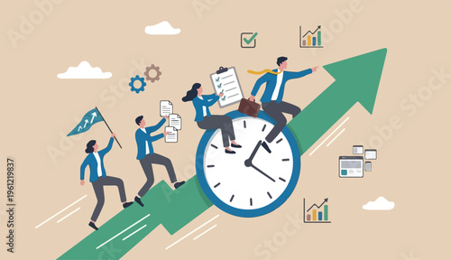 Time management, effort efficiency boost, productivity finish project into teamwork planning, multitasking finish work within deadline concept, business people riding clock up rising arrow