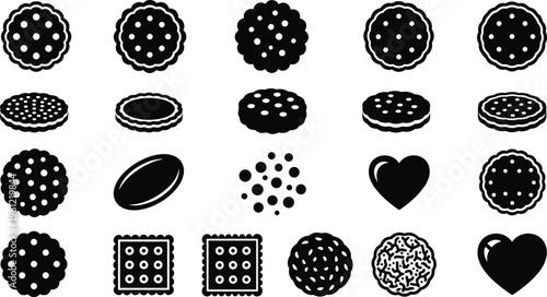 Set of black biscuit icons featuring chocolate cookies cracker silhouettes sandwich wafers with cream heart shapes and sweet snack symbols isolated on white background