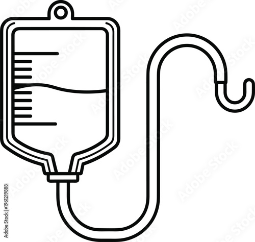 IV drip medical icon with saline bag and tube symbol isolated on white background for hospital, healthcare and treatment design concepts
