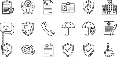 Healthcare and medical insurance line icons set with hospital, shield, prescription, umbrella and protection symbols isolated on white background for health care and safety concepts