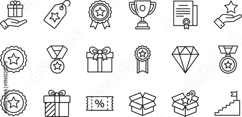 Reward and achievement icons set with trophy, medal, gift box, badge, star and award symbols isolated on white background for success, bonus and loyalty concepts