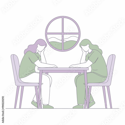 Two women sitting at a table looking bored.