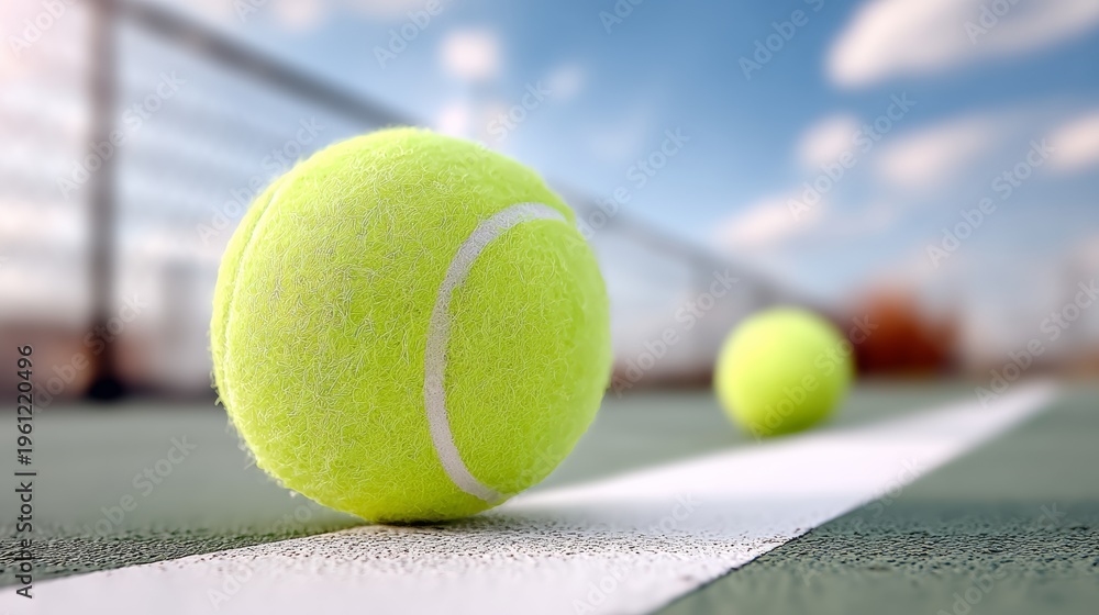 Fototapeta premium Close-up of bright yellow tennis balls resting on a white line of a tennis court with a blurred net and blue sky in the background