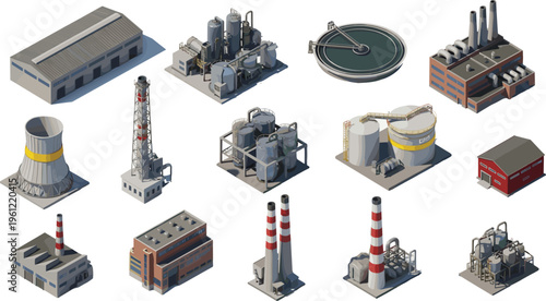 Isometric Industrial Factory and Refinery Buildings Vector Set with Storage Tanks, Cooling Towers, Pipelines, Warehouses and Energy Production Facilities Collection