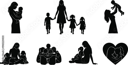 motherhood, family, love, parenting, children, care, bonding, maternal, kids, silhouette, vector, illustration, togetherness, affection, parenthood, childhood, 