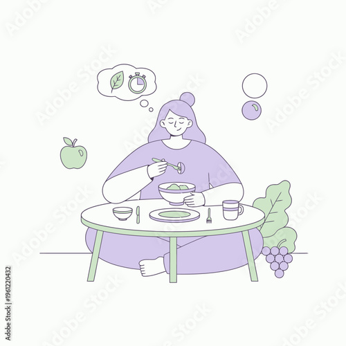 Woman eating healthy food and thinking about diet.