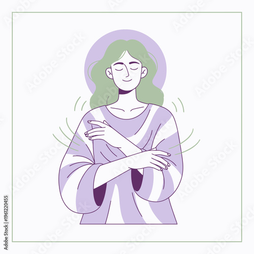 Woman Embracing Herself with Closed Eyes and Aura.